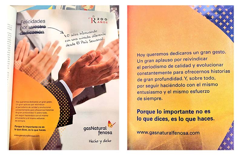 Gas Natural Fenosa felicita a El País con un mensaje a doble página. FOTO: LA MAREA.